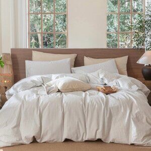 MooMee Striped Duvet Cover Set 100% Cotton - White with Blue Stripes - Queen